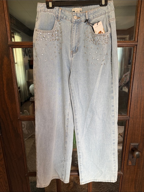 Sincerely Jules Denim - Sincerely Jules Rhinestone Embellished Wide Leg Jeans Light Wash Blue NWT 11/29